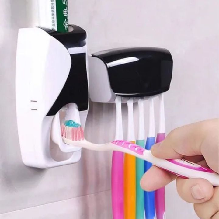 Best Quality Set of Toothpaste Dispenser & Brush Holder - Plastic Automatic Toothpaste Dispenser With Tooth Brush Holder For Homes And Bathrooms - Tooth Paste Dispenser with Toothbrush Holder