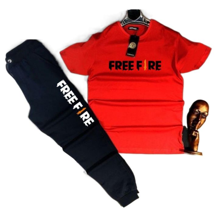 Tracksuit New Design FREE FIRE printed Round Neck Half Sleeves T Shirts Top Quality Gym wear and comfortable Track suit For Men n Boys