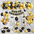 Happy Birthday Golden & Black Theme Complete Set ( Including Birthday Banner +30 Metallic balloons (Gold + Black & Silver ) +5 Pc Filled Confetti Balloons + 1 pc Crown Foil Balloon ) Birthday & Party Items Birthday Decorations - Birthday Home Decor. 