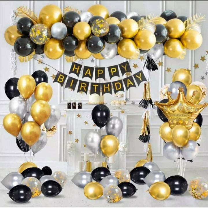 Happy Birthday Golden & Black Theme Complete Set ( Including Birthday Banner +30 Metallic balloons (Gold + Black & Silver ) +5 Pc Filled Confetti Balloons + 1 pc Crown Foil Balloon ) Birthday & Party Items Birthday Decorations - Birthday Home Decor