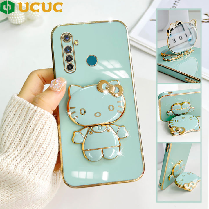 UCUC for Realme 5 Pro Back Cover Cute kitty Mirror Multifunction Folding Bracket Luxury 6D Plating Case Soft Silicone Square Phone Cases for Boys for Girls
