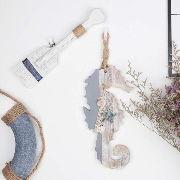 Wooden Seahorse for Nautical Decoration-2 x Wooden Decor Seahorse-Gray&White