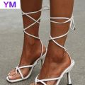 New Summer Lace Up Design Women Sandals PU Ankle Cross Strap Sandals 10CM High Heels Ladies Sandals Open Toe Shoes. 