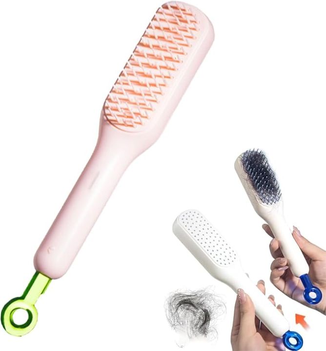 Self Cleaning Hair Brush, One-Click Cleaning Telescopic Hair Comb, Anti-Static Telescopic Hairbrush, Anti-Hair Entangled Automatic Cleaning Portable Comb- Pink
