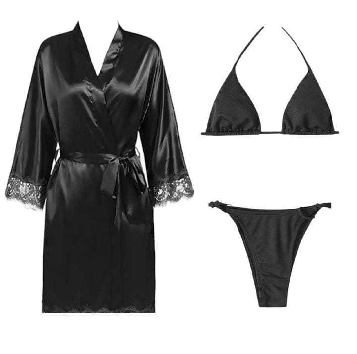 Women 3 Piece Sexy Nighty Sleepwear Silk Satin night dress Lingerie Set  With Robe and Short Gown Bridal for Ladies and Girls for Night Wear Bra-Black  | Daraz.pk