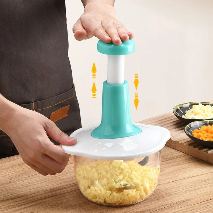 Manual Chopper - Hand Push Food Processor - Mini Speedy Chopper - Hand Pat Food Processor Eater - Press Start Quick Operation - Hand Chopper - Vegetable Salad/Cutter to Chop Veggies, Fruits, Herbs, Potato, Onion Chopper Garlic Crusher Pressing Food Cutter