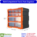 K521 Plastic Carry Tool Storage Cabinet with 12 Drawers & 16 Grid Compartments PP+PS Multi-Use Hardware Organizer Box for Tools, Craft & Components by Electrica. 