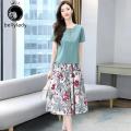 2pcs Women Suit Short Sleeves Round Neck T Shirt Floral Printing Midi Skirt Casual Fashion Two Piece Suit. 