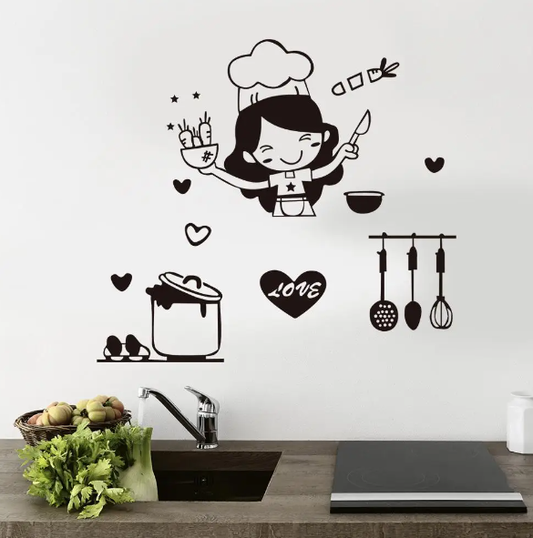 Happy Girl Chef Loves Cooking Wall Sticker Restaurant Bar Kitchen Dining Room Fridge Light Switch Decal Diy Art Home Decor | 3d Wall Stickers For Kitchen Waterproof | Wall Stickers For Kitchen Tiles | Kitchen Stickers For Wall Decoration