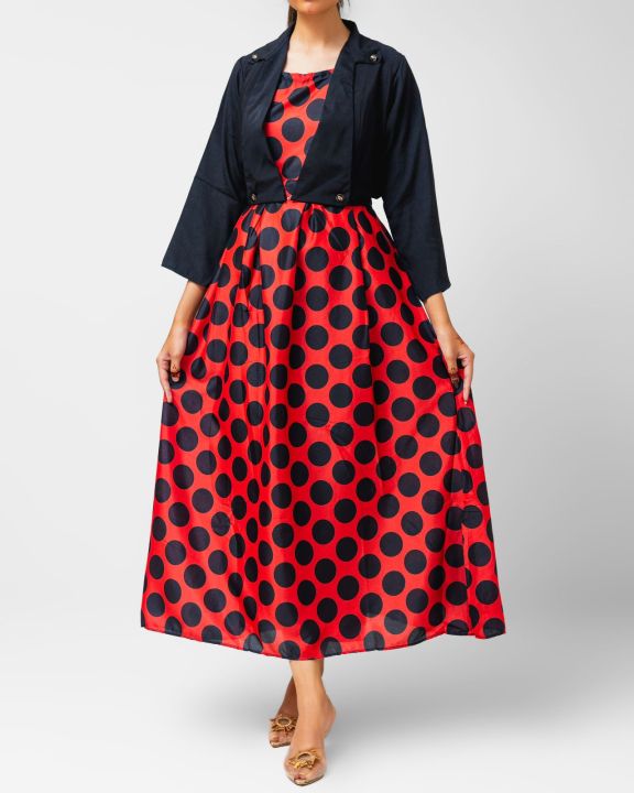 beautiful polka dots frock with jacket for women and girls available in different colors