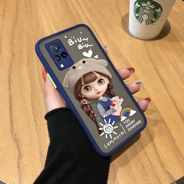 Jizetin for Vivo V21 / V21 5G Back Cover Lovely Girl with Bear Hat Matte Mobile Phone Cases Ultra Thin Full Lens Protection Phone Case