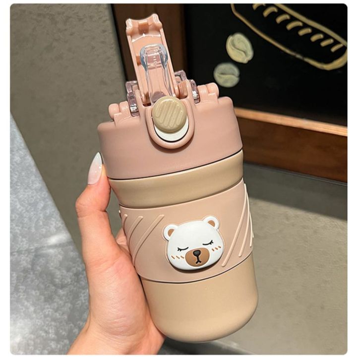 Cute Teddy Bear Mug With Straw insulated 450ml Thermos Mug Stainless Steel Double Wall Vacuum Flask Water Bottle