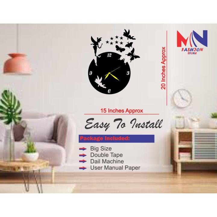 MN Fashion Pack of 13 Wooden Wall Clock Fairy Home Decor Wall clock, Fairy Wooden Wall Clock for Girls, 3D Laser Cut Wall Clock Fairy with Stars with Butterflies