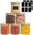 6pcs set Glass Jar with Wooden Lid Glass Jars Set,Upgrade Spice Jars with Wood Airtight Lids and Labels, 6 Piece Small Food Storage Containers for Home Kitchen, Tea, Herbs, Sugar, Salt, Coffee, Flour, Herbs, Grains… - 450 ml. 