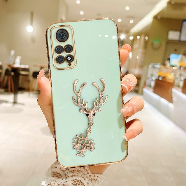 FELMYST Mascot Case For Xiaomi Redmi Note 11 Pro 3D Luxury Reindeer Gold Plated  Mobile Phone Casing Square Pendant Inlaid Brick Girl Boy Gift Soft Shockproof Cover Cases