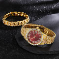 New TEMU Diamond Luxury Steel Belt Quartz Watch   Diamond Hip Hop Cuban Bracelet with Suit Watch. 