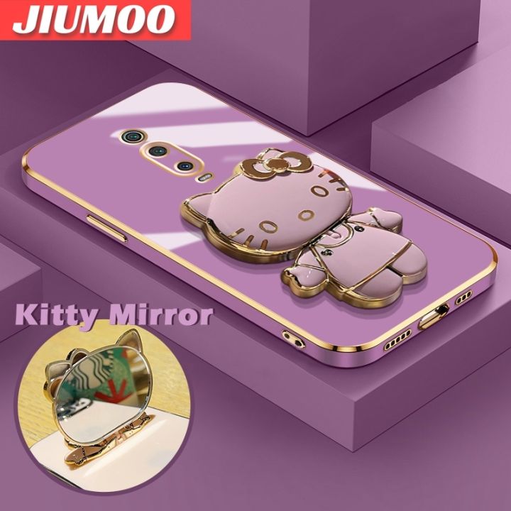 JIUMOO For Xiaomi 9T Pro Redmi K20 Pro Case Cartoon New Design Hello Kitty Cosmetic Mirror Stand Holder Electroplate Phone Case Smooth Gold Side Plating Silicone Back Cover