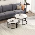 Round Modern Nesting Coffee Table Set of 2, Stacking Living Room Accent Cocktail Tables with an Industrial Wood Finish and Powder Coated Metal Frame, White/Black. 