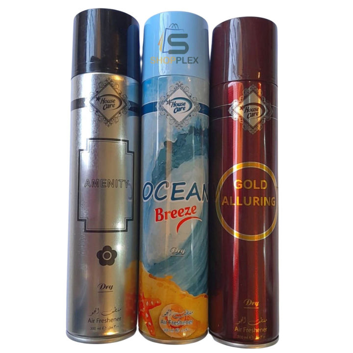 Air Freshener Amenity Silver |Ocean Breeze  | GoldAllure| Pack of 3 300ml Big Bottle House Care Room Spray Imported High Quality Value Budget Deal Offer Fresh Scent Fragrance | Wash Room Bath Room Easy to use | Office Room | Car Air Freshener | Hotel Room