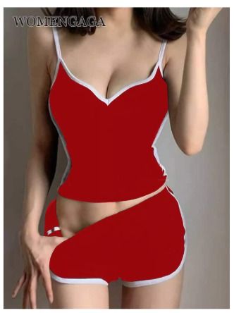 Women Casual Pajamas Sleepwear Pajama Set Nightgowns Camisole Shorts Nightclothes Spagjetti Strap Black L XL XXL Smooth Soft