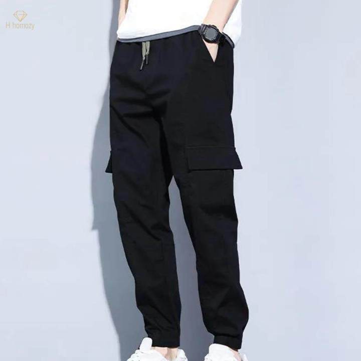 Mens Cargo Pant Multiple Pockets High Waist Trousers Straight Wide Leg Black