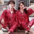 Pack of 2 Couple Night Suit Set, Men and Women Silk Night Dress / Printed Trouser Shirt Soft Material Nighty Set for Both Women and Men - Silky Satin Pajama Sets Button Down Sleepwear Loungewear.(It come in different colors and design, so we may send any). 