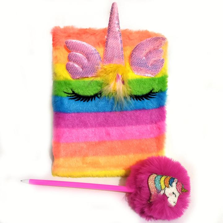 Fluffy Unicorn Horn - diary -  with plush pom pom pen - 9x6 inches