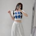 Women Knit Crop Top, Adults Color Block Button Down Argyle Pattern Short Sleeve Round Neck Cardigan. 