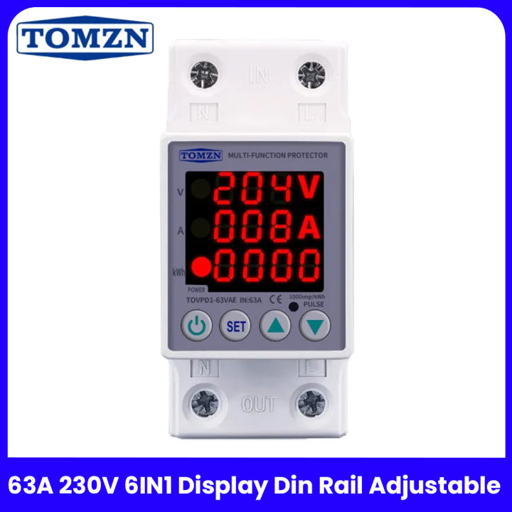 TOMZN TOVPD1-63VAE 63A 230V 4 in 1 Display KWH Din rail adjustable over ...