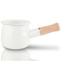 Enamel Milk Pan, Mini Butter Warmer 10cm Enamelware Saucepan Pan Cookware with Wooden Handle, Perfect Size for Heating Smaller Liquid Portions. (White). 