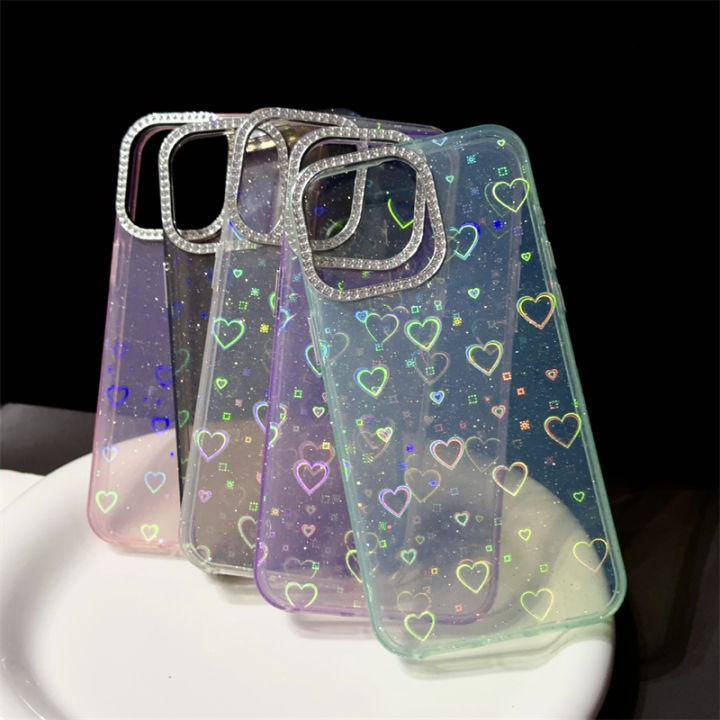 【Hot new models】Bling Glitter Laser Love Heart Clear Phone Case For iPhone 16 Pro Max Diamond Camera Lens Cover 15 Pro 14 Plus Girly Fancy Case