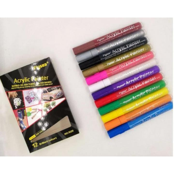 Acrylic Painter Flysea Pens -12 Colours use on rocks.. paper fabric.. glass ..ceramic ..wood.. metal etc.