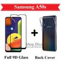 Samsung A50s Black Full 9D|5D|6D|10D|11D|21D Edge To Edge (Full Glue) Tempered Glass Screen Protector + Back Cover Transparent Crystal Clear Soft Case For Galaxy A50s. 