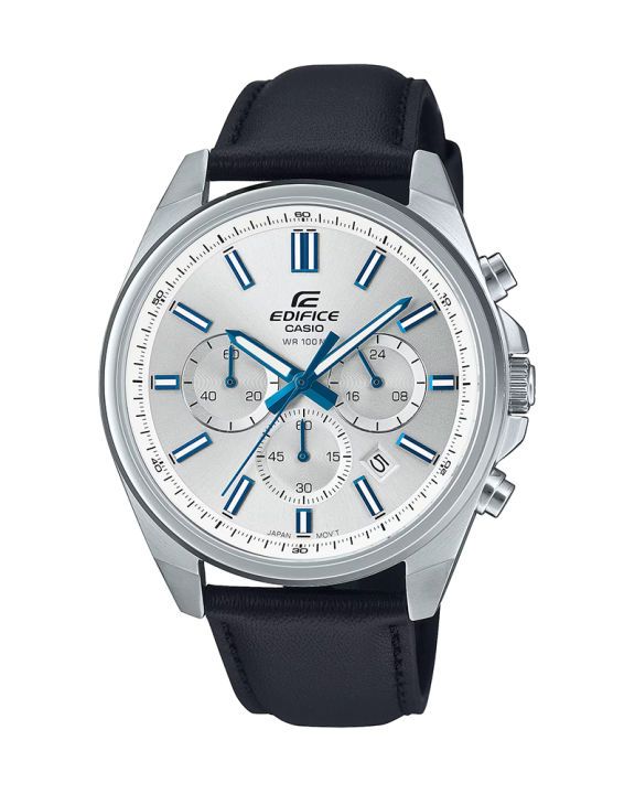 Casio Edifice Standard Chronograph Mens Silver Stainless Steel Case Round Analog Stop Watch, Date Black Geniune Leather Strap Watch-EFV-650L-7AVUDF