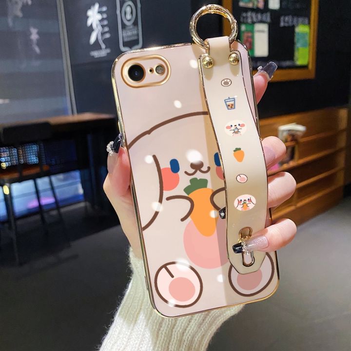chenyyka%20For%20iPhone%207%20Case%20With%20Wristband%20New%20Design%20Square%20Edge%20Phone%20Case%20Cute%20Line%20Rabbit%20Pattern%20Shockproof%20Plating%20Silicone%20Casing%20Full%20Cover%20SoftCase%20Protection%20Cases%20Girl%20Women%20-%20Image%202