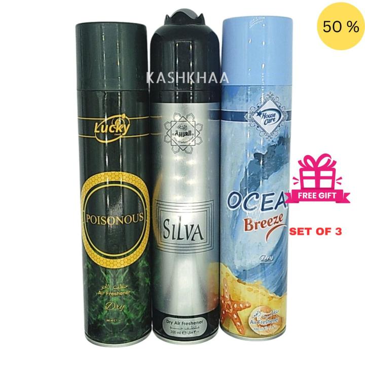 Air Freshener Poisonous| Silva |Ocean Breeze| Arabic Pack of 3 300ml Big Bottle House Care Room Spray Imported High Quality Value Budget Pack Deal Offer Fresh Scent Fragrance | Wash Room Bath Room Easy to use | Office Room | Car Air Freshener | Hotel Room