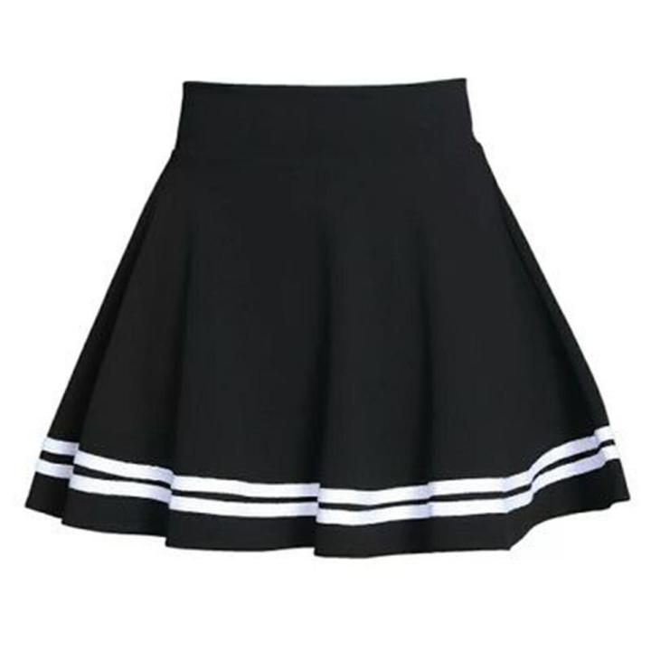 OIMG Women Fashion Solid Color High Waist Stripe Pleated A Line Mini School Skirt