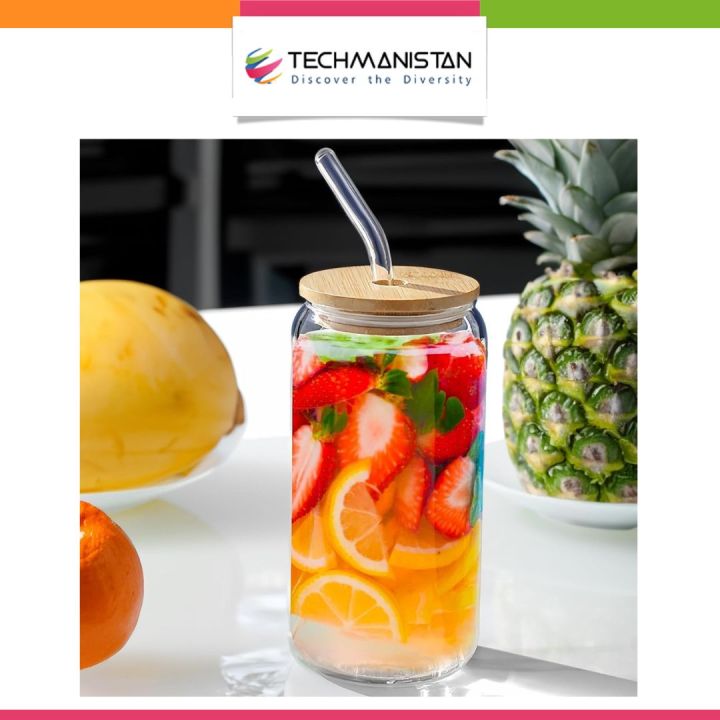 Techmanistan 500ml Glass Cups with Bamboo Lids and Glass Straw, Round Glass Mug With Handle, Straw & Wooden Lid, Drinking Glass, Adorable Glass Cups with Lids and Straw, Glass Tumbler Coffee Cup Coffee Mug