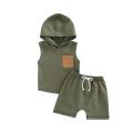 Infant Baby Boy 2 Pieces Outfits, Patchwork Hooded Sleeveless Tank Tops + Elastic Waist Solid Color Shorts Summer Set. 