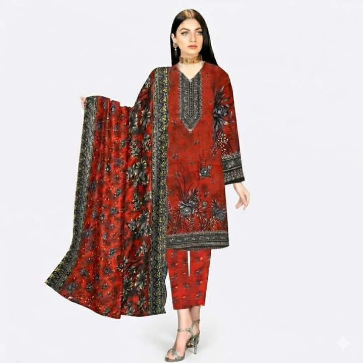 Women Printed Lawn Suit 3 Piece | Red Floral Design Kurta Trouser Dupatta | Summer Casual Wear