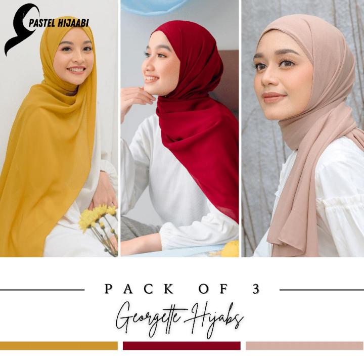 Pastel Hijaabi Pack of 3 Best Quality Chiffon Hijabs Georgette Hijabs Breathable Soft Fabric Modesty Stylish Lightweight Instant Hijabs Scarfs