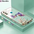 Jizetin (Free Lanyard) for Realme C3 Back Cover Peach Blossom and Butterfly Luxury 6D Plating Case Side Pattern Soft Silicone Square Mobile Phone Cases. 