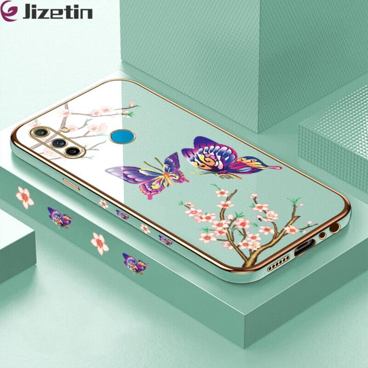 Jizetin (Free Lanyard) for Realme C3 Back Cover Peach Blossom and Butterfly Luxury 6D Plating Case Side Pattern Soft Silicone Square Mobile Phone Cases