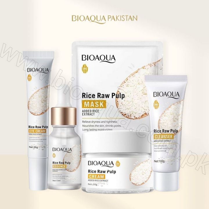 Bioaqua Pack of 5 Rice Raw Pulp Glow & Whitening Rice Skincare Series, 50g