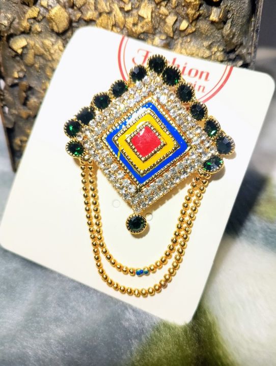 Royal Multicolor Kundan Saree Pin Brooch – Elegant Ethnic Zircon Hijab Pin Fashion Jewelry