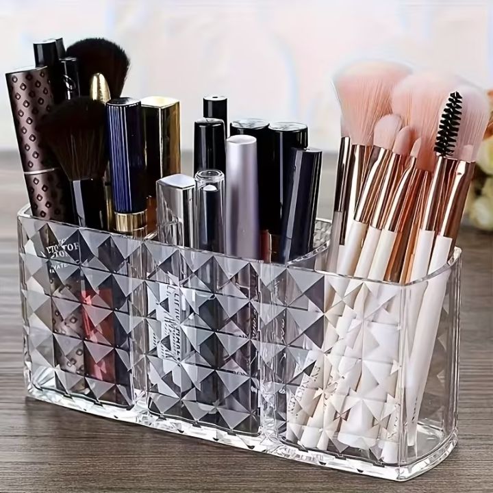 360° Rotating Makeup Brush Storage Box Portable Desktop Cosmetic Organizer,7 Slots Transparent Makeup Brush Box Dust Free Makeup Brush Organizer for Display Stand Bedroom Dresser Bathroom Counter Top