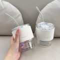 Tumbler Mug with Lid, Glass Straw and Protective Anti-Skid Leather Sleeve for Hot and Cold Beverages Tea Coffee Smoothies Fruit Juice Travel Mug .435ml. 