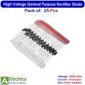 1N4007 Rectifier Diode Pack of 25 Pcs 1A 1000V High Voltage Silicon Diodes for Power Supply by Electrica. 
