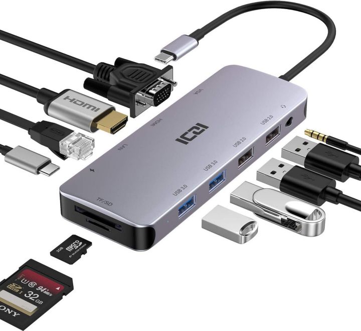 ICZI (‎IZEC-TH27) 11 in 1 Type C Hub; USB C Hub Adapter (Thunderbolt 3) Dock with HDMI, VGA, 4 Port USB-A, 100W PD, Micro SD/TF, Ethernet for MacBook Pro/Air, Chromebook