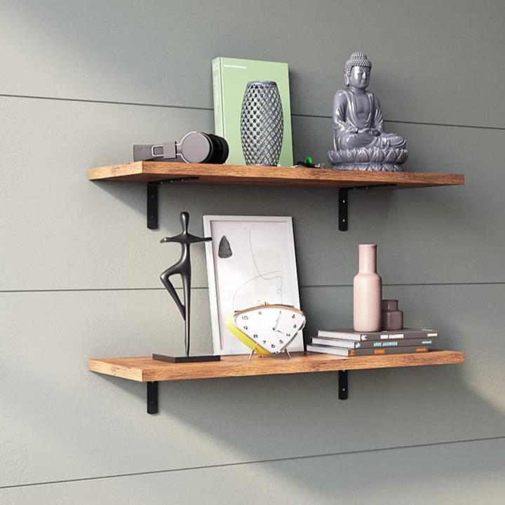 Wood and Metal Floating Wall Shelves | Home Decorative Shelf (24*8 Inches, Forest Dark) - Pack of 2, L Bracket (Forest Dark & Black)